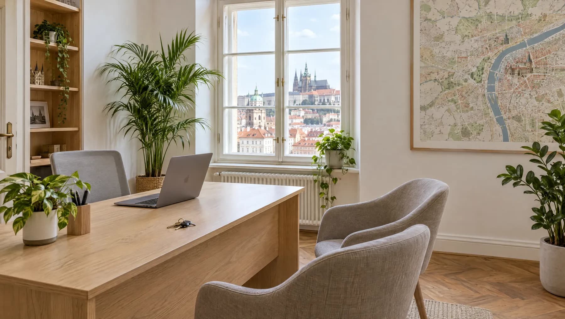 Světlá pracovna s výhledem na Pražský hrad