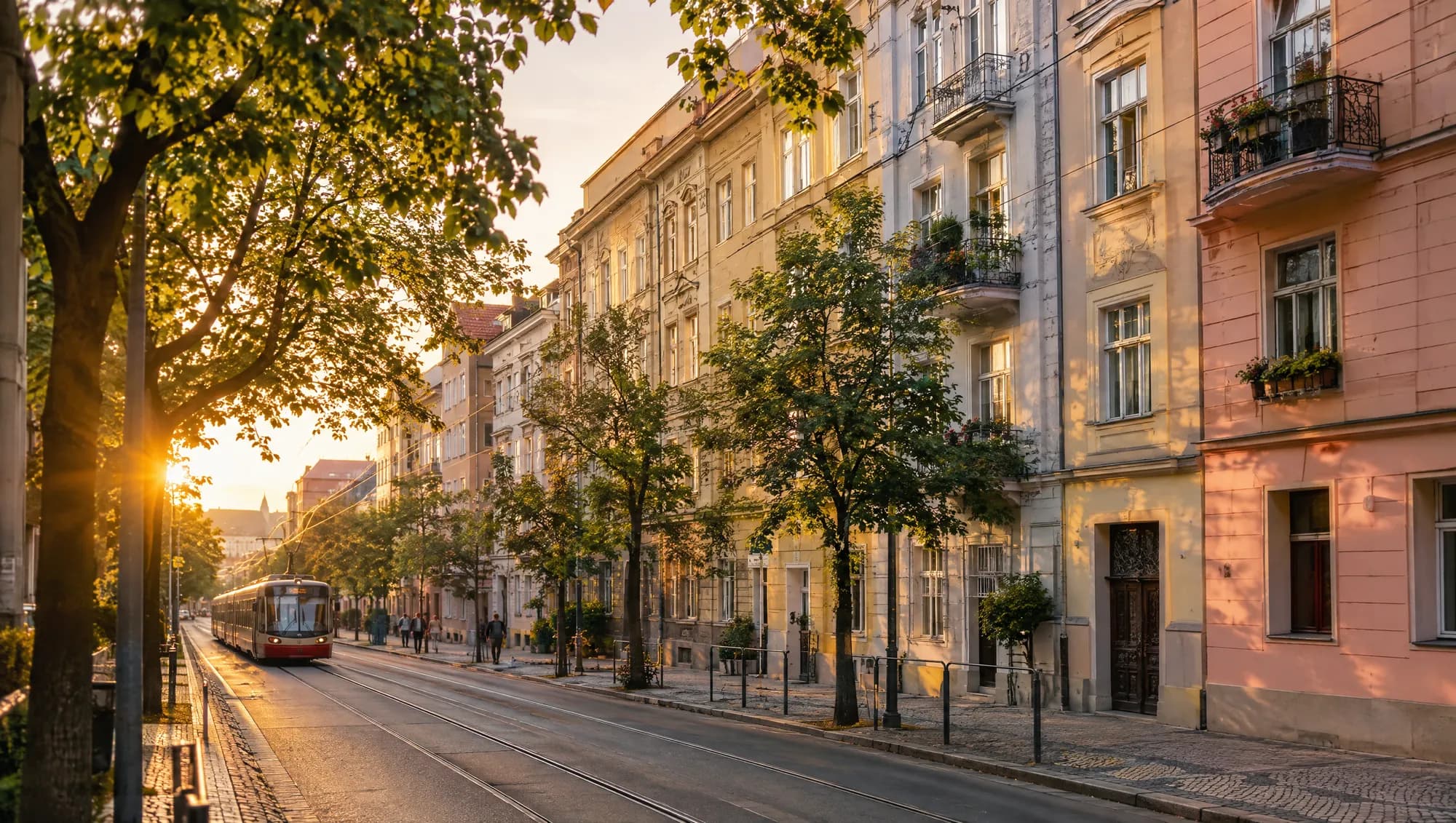 Pražská ulice s činžovními domy a tramvají ve večerním světle